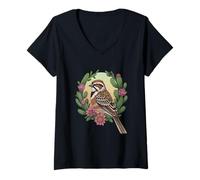 Womens Colorado Lark Bunting Bird Surrounded By Red Cacti Flowers V-Neck T-Shirt