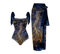 Women's Colorblock Abstract Floral Print 1 Piece + 1 Piece Cover Up Two Piece Swimsuit with Print Monokini Bikini 2-Piece Swimsuits Two Piece Tankini Set, darkblue, XL