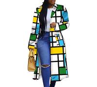 Women's Colored Geo Turn Down Collar Trench Coat Colorful Outerwear Cardigan Long Blazer Jacket, Blue, S
