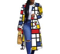 Women's Colored Geo Turn Down Collar Trench Coat Colorful Outerwear Cardigan Long Blazer Jacket, Multicolor, XXL