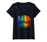 Womens Colorful Abstract Art Animal Lover Geometric Parrots V-Neck T-Shirt