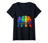 Womens Colorful Abstract Art Animal Lover Geometric Parrots V-Neck T-Shirt