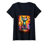 Women's Colorful Abstract Cat Art Graphic Design V-Neck T-Shirt