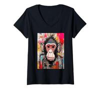 Women's Colorful Abstract Monkey Street Art Painting V-Neck T-Shirt