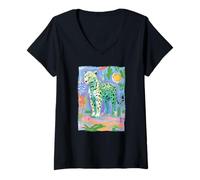 Women's Colorful Abstract Panther Painted Pop Art Cat V-Neck T-Shirt