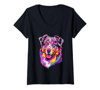 Womens Colorful Australian Shepherd Face Art Cute Dog Lover V-Neck T-Shirt