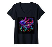 Womens Colorful Axolotl Lizard Art - Vibrant Creature Design V-Neck T-Shirt