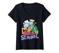 Womens Colorful Back to School Doodle Art V-Neck T-Shirt