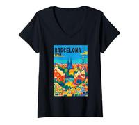 Womens Colorful Barcelona Spain Gaudí Park & Sagrada Familia Travel V-Neck T-Shirt