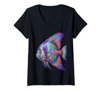 Women's Colorful Batfish Abstract Ocean Artwork Marine Creature V-Neck T-Shirt