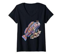 Women's Colorful Blenny Fish Abstract Ocean Artwork Marine Creature V-Neck T-Shirt