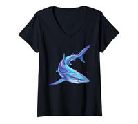 Women's Colorful Blue Shark Abstract Ocean Artwork Marine Creature V-Neck T-Shirt