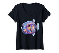 Women's Colorful Boxfish Abstract Ocean Artwork Marine Creature V-Neck T-Shirt