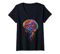 Women's Colorful Brain Anatomy Abstract Fluid Art V-Neck T-Shirt