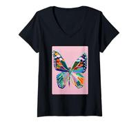 Women's Colorful Butterfly Modern Artistic Spring Aesthetic Summer V-Neck T-Shirt