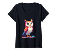 Womens Colorful cartoon owl illustration with paint splashes V-Neck T-Shirt