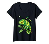 Womens Colorful Chameleon Made from Bricks on Jungle Branch V-Neck T-Shirt