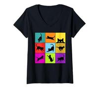 Women's Colorful Cute Black Cats Silhouette Pop Art V-Neck T-Shirt