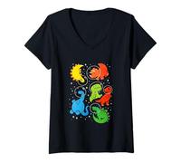 Women's Colorful Cute Dinosaur Astronauts in Outer Space V-Neck T-Shirt