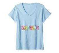 Womens Colorful Dalmatian Dot Print Counselor Message V-Neck T-Shirt