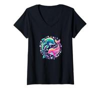 Women's Colorful Dolphin Ocean Sea Animal Retro Vibe V-Neck T-Shirt