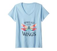 Women's Colorful Dragonfly Spread Your Wings Inspirational Design V-Neck T-Shirt