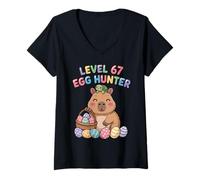 Women's Colorful Easter Capybara Level 67 Egg Hunter Cool Easter V-Neck T-Shirt