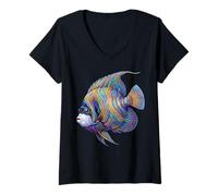 Women's Colorful Emperor Angelfish Marine Ocean Fish Abstract Art V-Neck T-Shirt