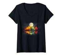 Women's Colorful Forest Night Full Moon Reflection Rowing Boat V-Neck T-Shirt