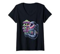 Women's Colorful Galaxy toadstools and Retro Cosmic Star Explorer V-Neck T-Shirt