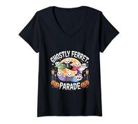 Womens Colorful Ghostly Ferret Parade Halloween Funny V-Neck T-Shirt