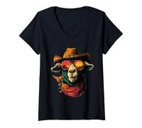 Womens Colorful Goat with Sunglasses Cowboy Animal Sunset Western V-Neck T-Shirt