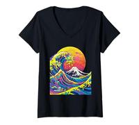 Womens Colorful Great Wave with Mt Fuji Japanese Japan Art V-Neck T-Shirt