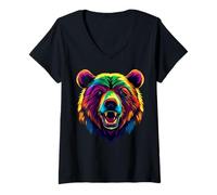 Womens Colorful Grizzly Bear Face Wild Animal Lover Men Women Black V-Neck T-Shirt