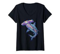 Women's Colorful Hammerhead Shark Abstract Ocean Creature Art V-Neck T-Shirt