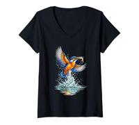 Women's Colorful Kingfisher Catching Fish Wildlife Art V-Neck T-Shirt