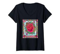 Womens Colorful La Rosa 41 Mexican Art Floral V-Neck T-Shirt