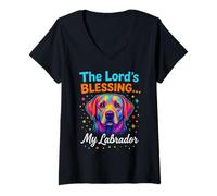 Womens Colorful Labrador Dog The Lord’s Blessing Fun Religious Pet V-Neck T-Shirt