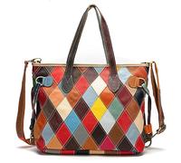 Women's Colorful Laptop Tote Bag, Stylish Genuine Leather Hobo Handbag with Patchwork Design, Ladies Large Shoulder Bag Purse