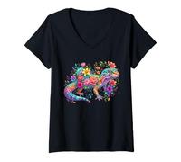 Women's Colorful Leopard Gecko Floral Botanical Reptile V-Neck T-Shirt
