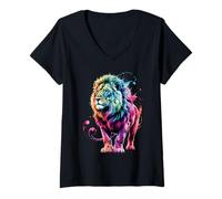 Womens Colorful Lion Poster Style Paint Splatter Art Graphic Splash V-Neck T-Shirt