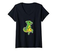 Women's Colorful Lizard Clutching Pizza V-Neck T-Shirt