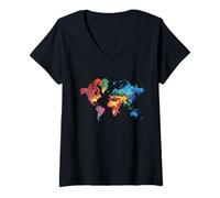 Womens Colorful Map Earth Countries Continent Geography World Map V-Neck T-Shirt