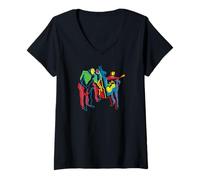 Womens Colorful Modern Jazz Trio Abstract V-Neck T-Shirt