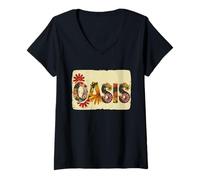 Womens Colorful Oasis Statement with Flowers V-Neck T-Shirt