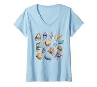 Women's Colorful Ocean Seashells Marine Life Pattern V-Neck T-Shirt