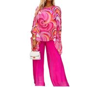 Women's Colorful Oil Painting Chiffon 2 Piece Set Elegant Wedding Guest Wide Leg Pantsuits Cocktail Party Outfits (Pink,5X-Large)