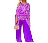 Women's Colorful Oil Painting Chiffon 2 Piece Set Elegant Wedding Guest Wide Leg Pantsuits Cocktail Party Outfits (Purple,Large)
