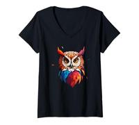 Womens Colorful Owl Art Boho Geometric Night Bird Gift V-Neck T-Shirt