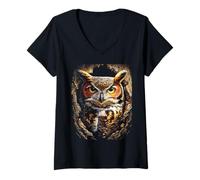 Womens Colorful Owl Art Cute Forest Animal Autumn Aesthetic Fall V-Neck T-Shirt